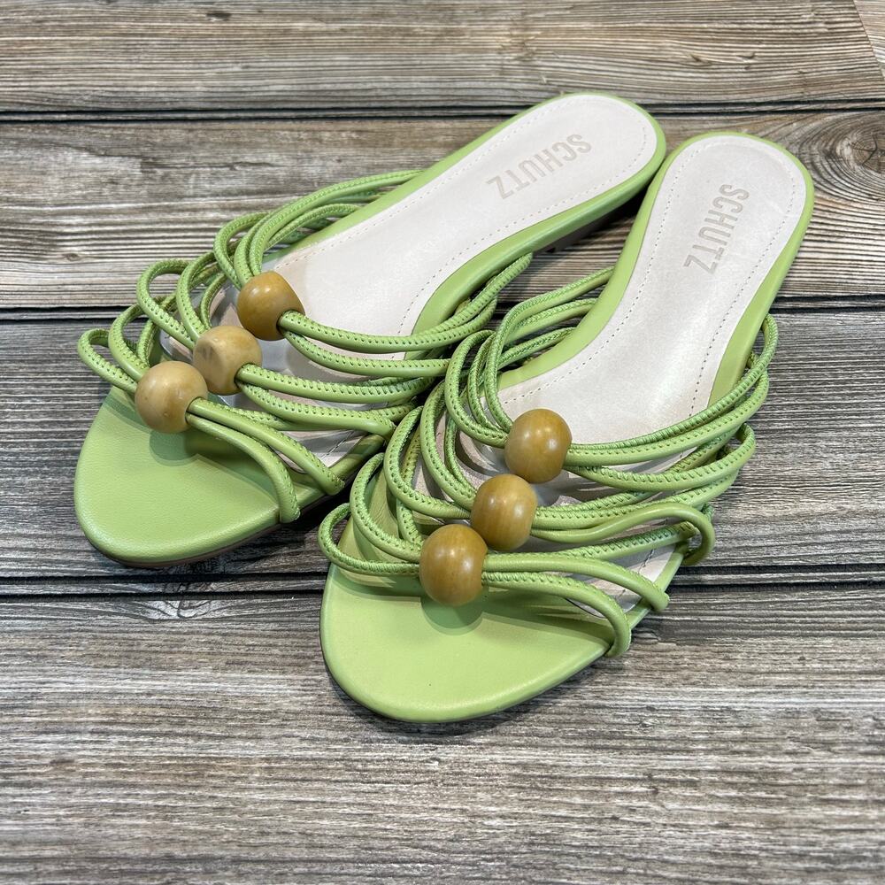 Schutz Green Aster Strappy Wood-Bead Slide Flat Sandals Size 7.5